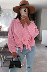Hearts Print Oversized Cotton Shirt in Pink