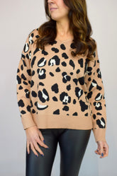 V-Neck Animal Print Jumper In Camel.