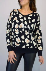 Black V-Neck Animal Print Jumper In Black