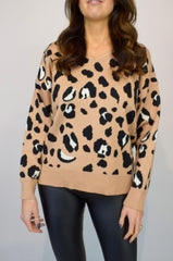 V-Neck Animal Print Jumper In Camel.