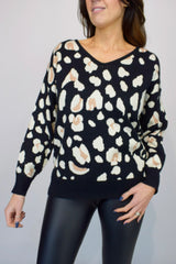 Black V-Neck Animal Print Jumper In Black