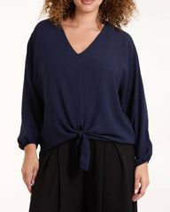 V-Neck Tie Front Blouse Long Sleeve