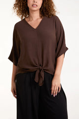 V-Neck Tie Front Blouse Half Sleeve