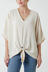 V-Neck Tie Front Blouse Half Sleeve