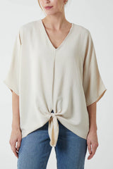 V-Neck Tie Front Blouse Half Sleeve