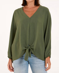 V-Neck Tie Front Blouse Long Sleeve