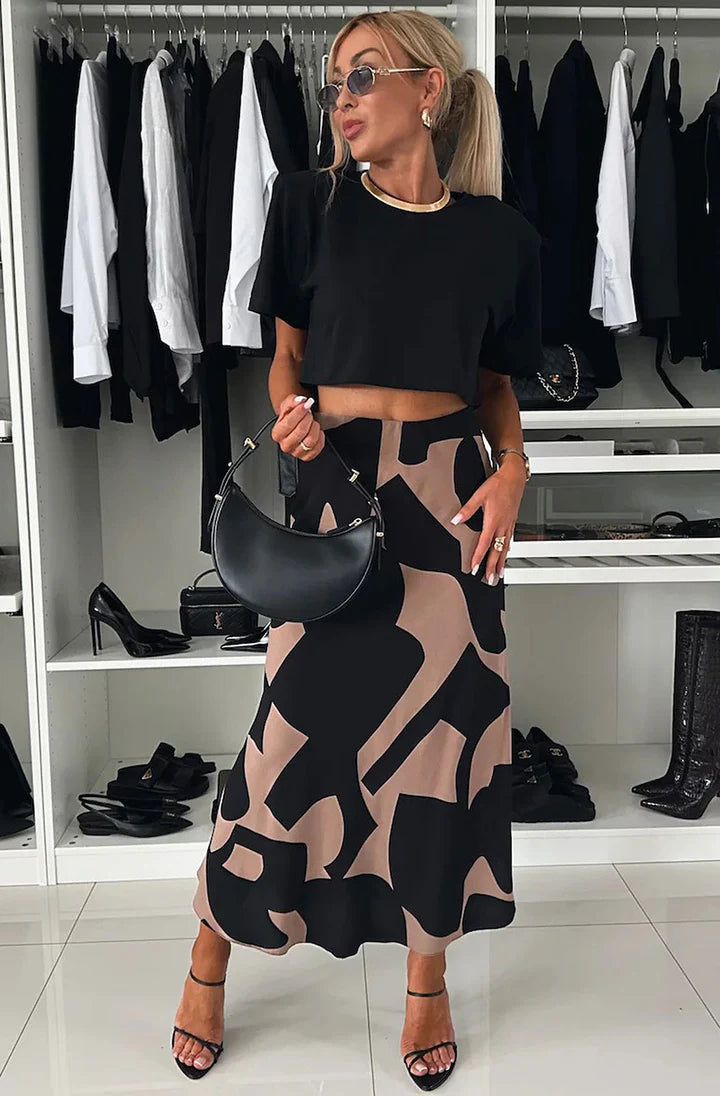 Satin Brown/black Print Midaxi Skirt