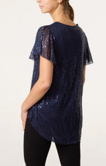 Angel Sleeve Sequin Top Navy