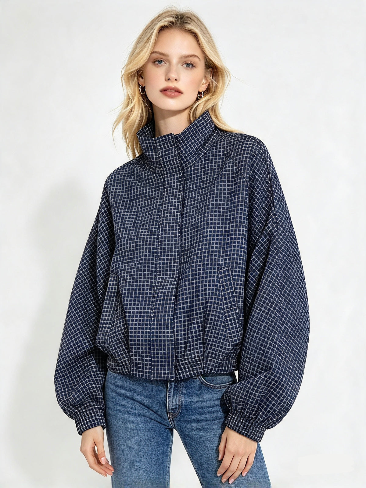 Cropped Gingham Bomber Jacket Navy