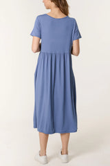 Round Neck Stretch Midi Dress Denim Blue