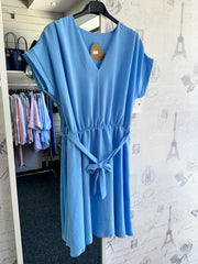 V-Neck Belted Dress Blue