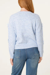 Bow Pearl Button Through Knit Cardigan Blue