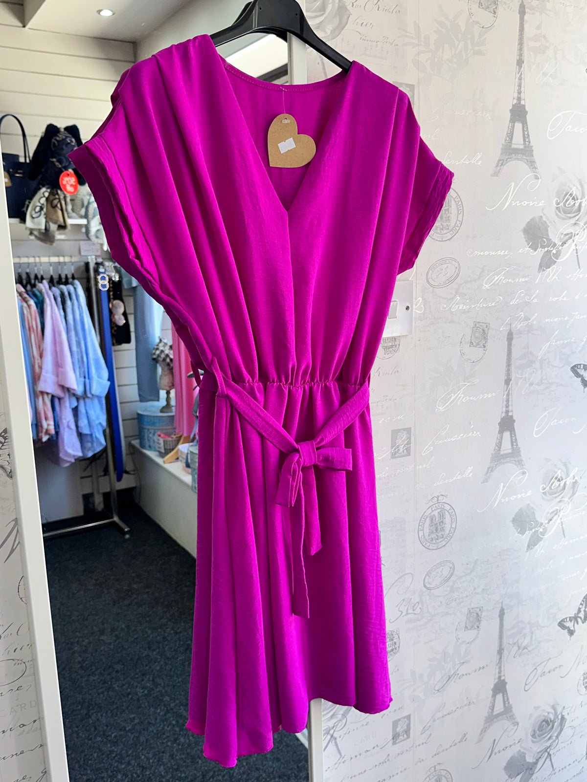 V-Neck Belted Dress Magenta