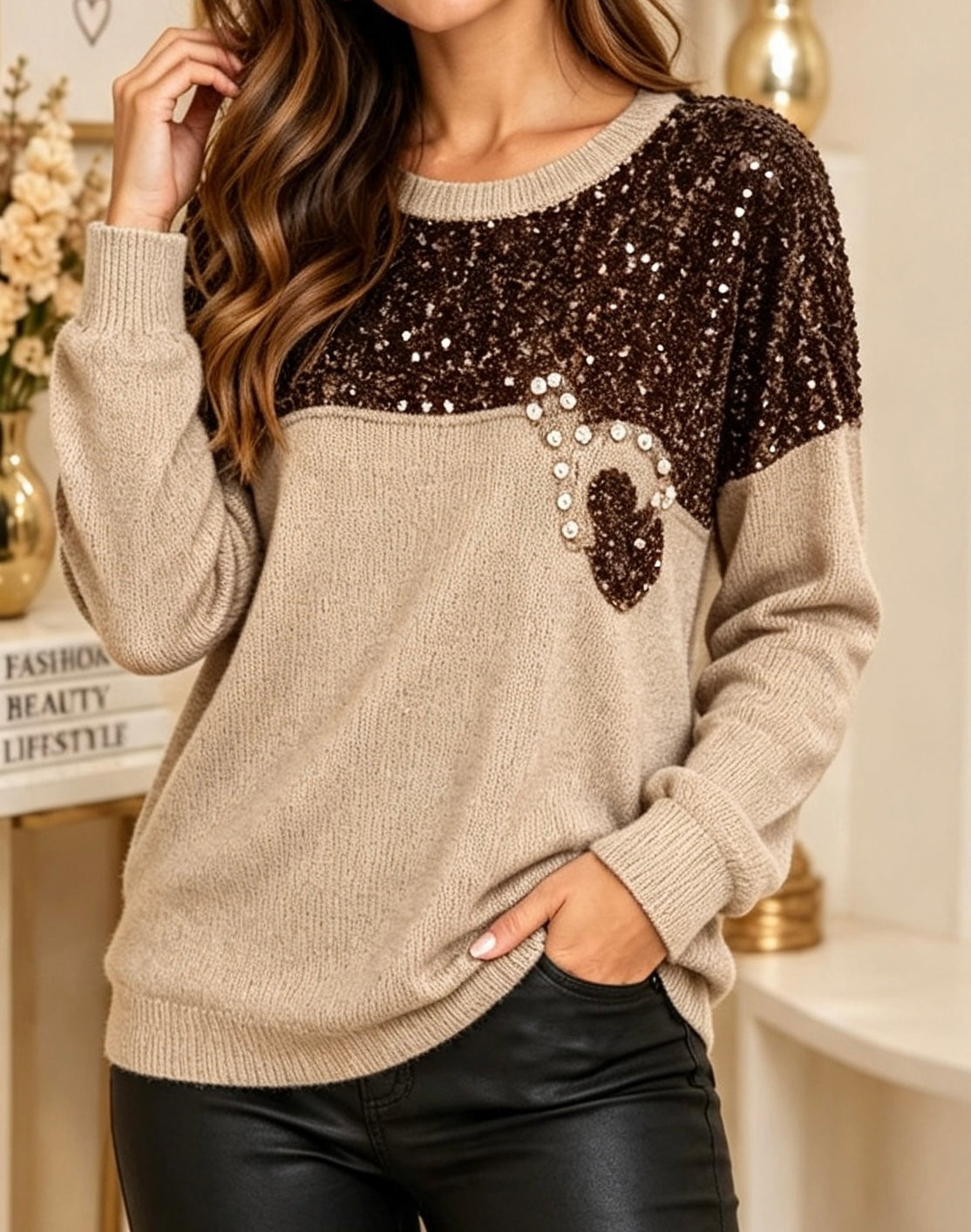 Sequins and Hearts Soft Italian Knit Stone