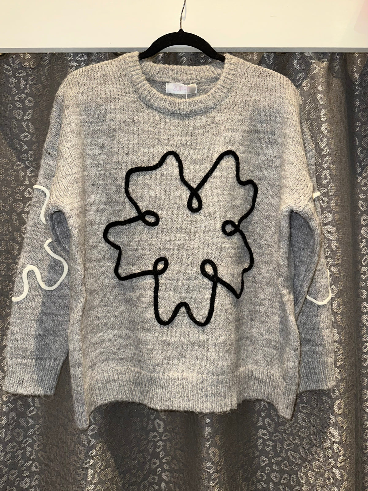 Large Flower Embroidered Knit Grey