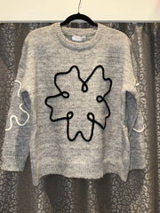Large Flower Embroidered Knit Grey