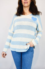 Cotton Blend Heart Stripe Knit Blue