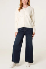 Bow Pearl Button Through Knit Cardigan Cream