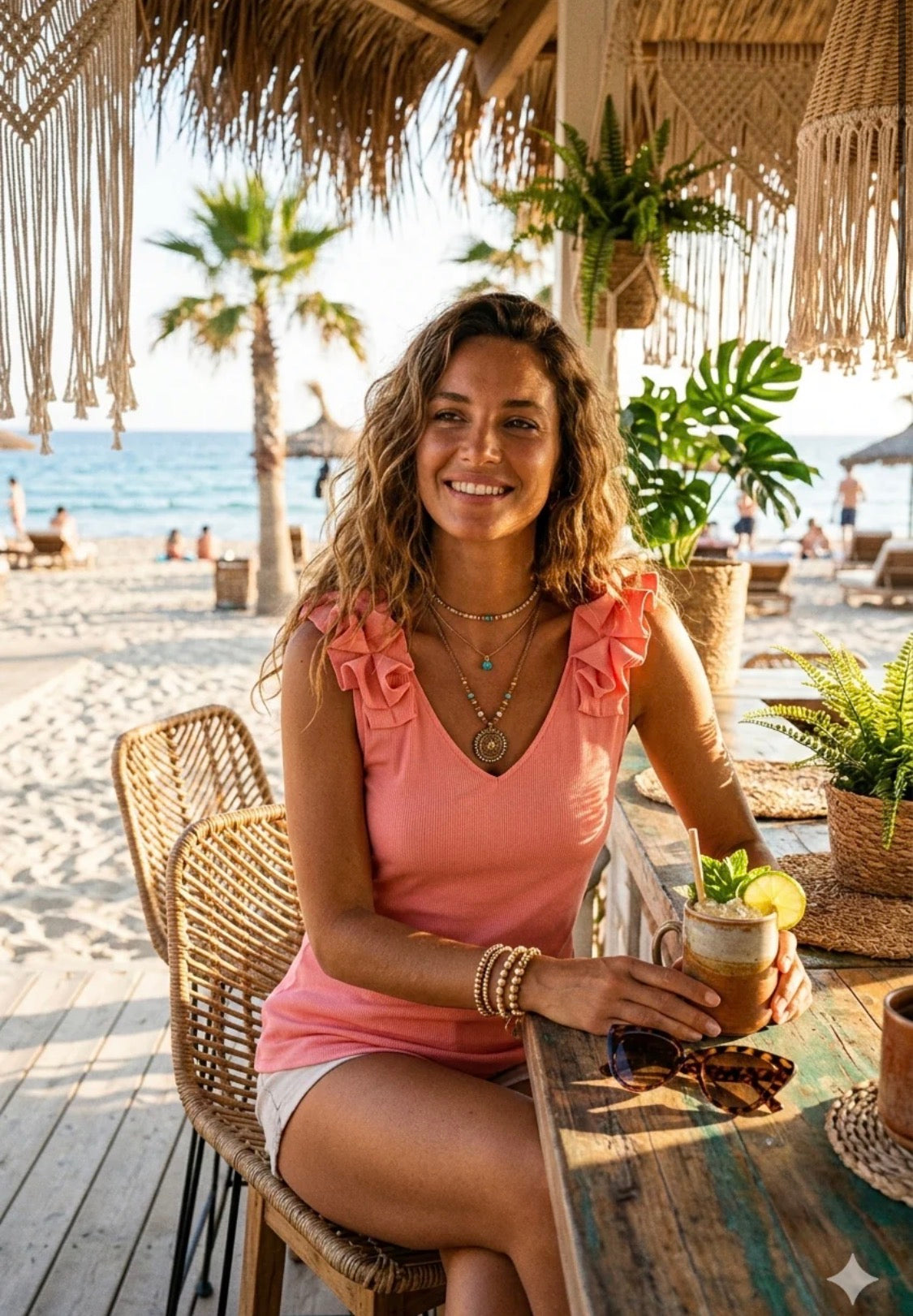Ruffle Shoulder V-Neck Vest Coral