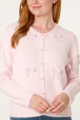 Bow Pearl Button Through Knit Cardigan Pink