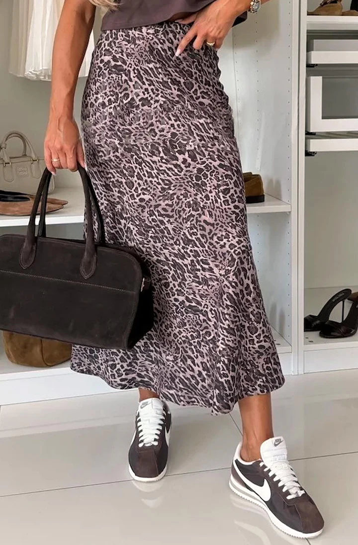 Satin Leopard Print Midaxi Skirt Mauve