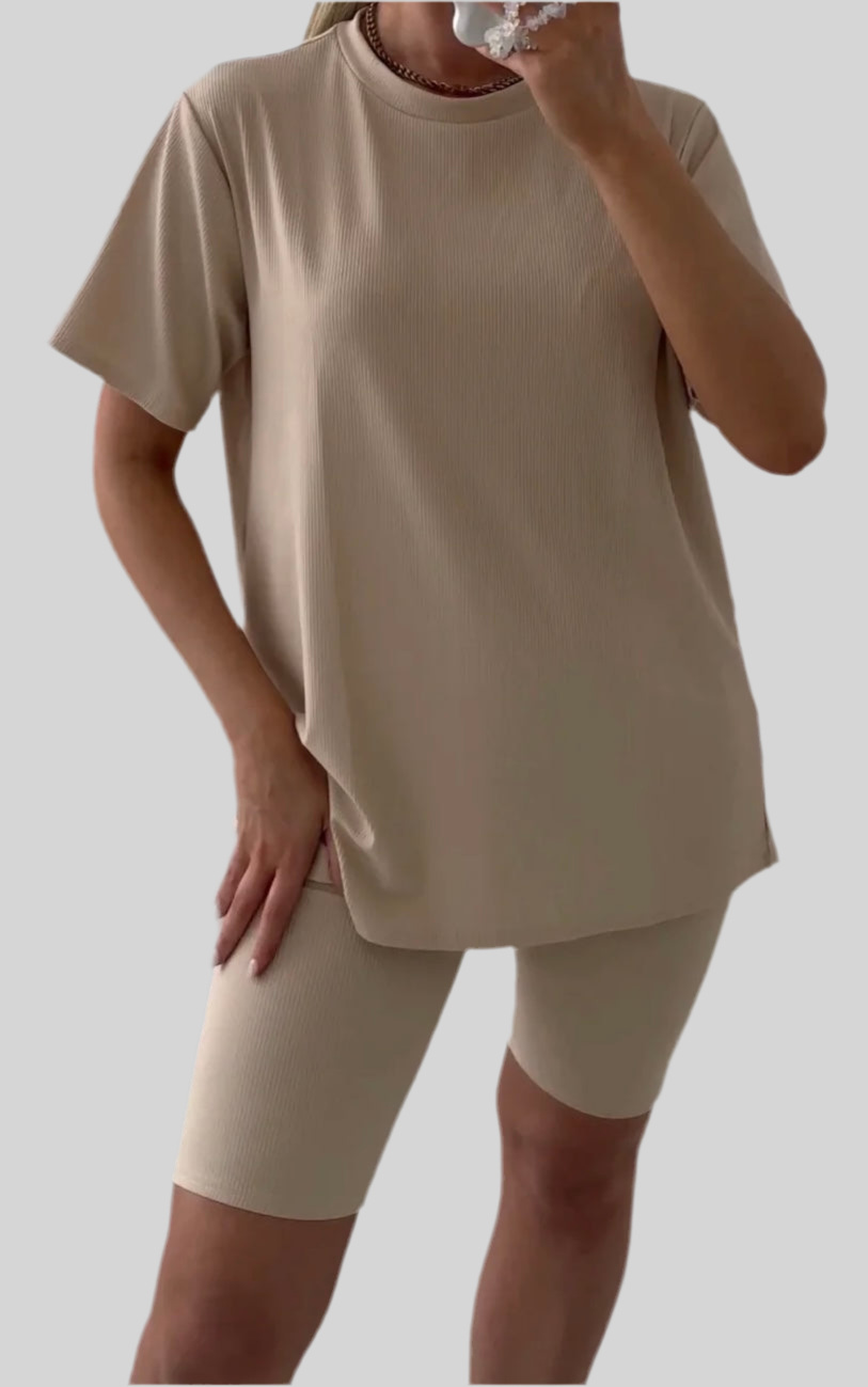 Oversized Ribbed T-Shirt and Cycling Shorts Co-Ord Set