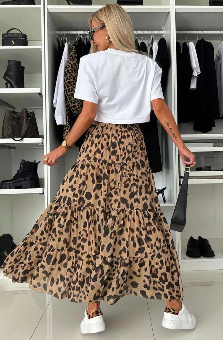 Leopard Print Tiered Maxi Skirt