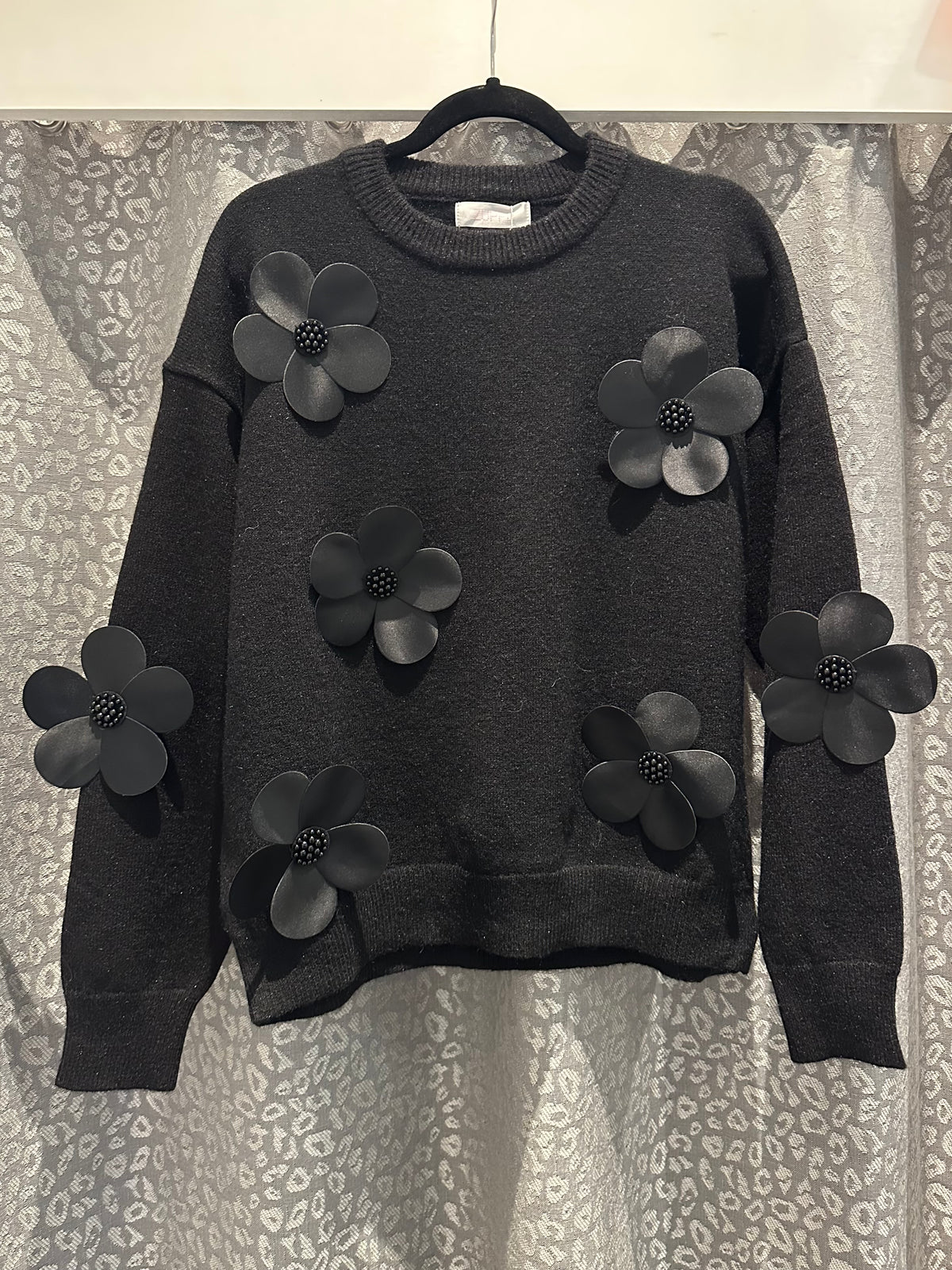 Embellished Flower Knit Black
