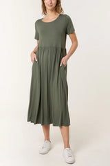 Round Neck Stretch Midi Dress Kahki