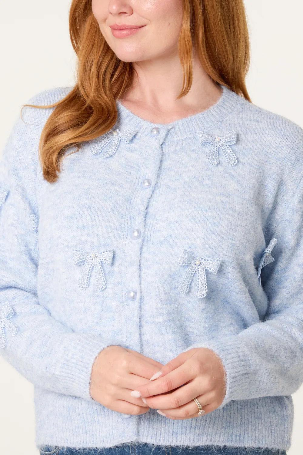 Bow Pearl Button Through Knit Cardigan Blue