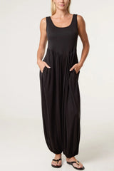 Fine Rib Stretch Harem Jumpsuit Black