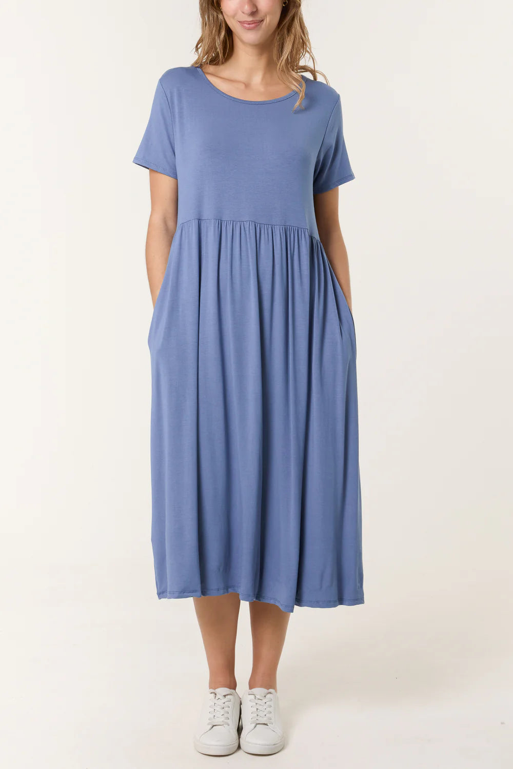 Round Neck Stretch Midi Dress Denim Blue