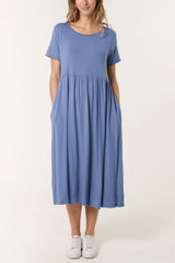 Round Neck Stretch Midi Dress Denim Blue