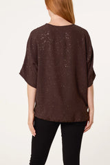 Glitter Front Knot Top. Brown
