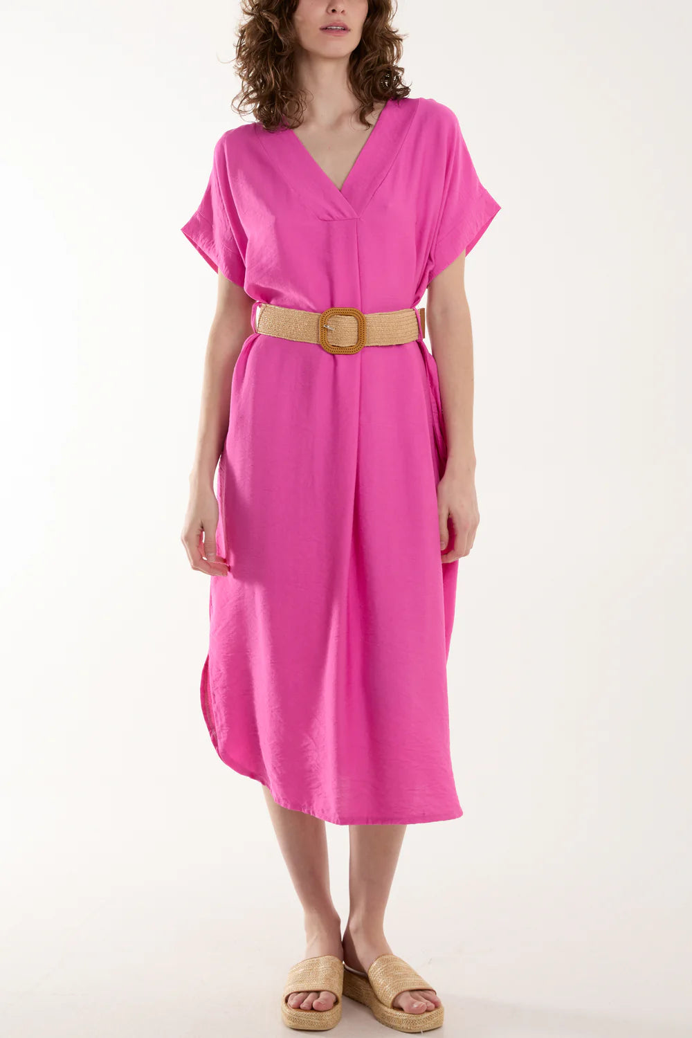 V-neck Belted Pocket Dress Pink