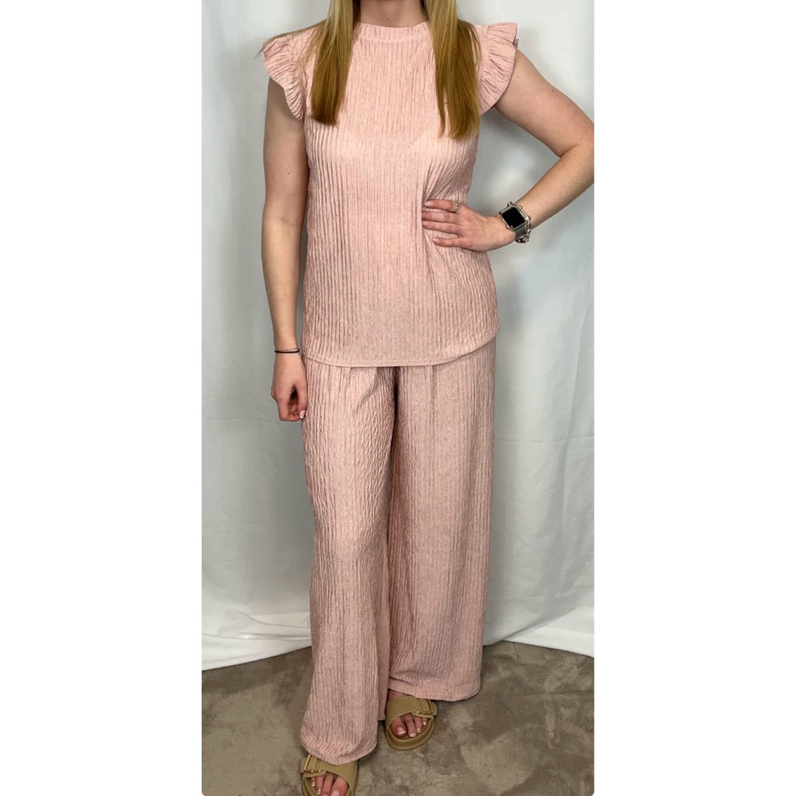 Frill Sleeve Crinkle Co-ord Dusky Pink