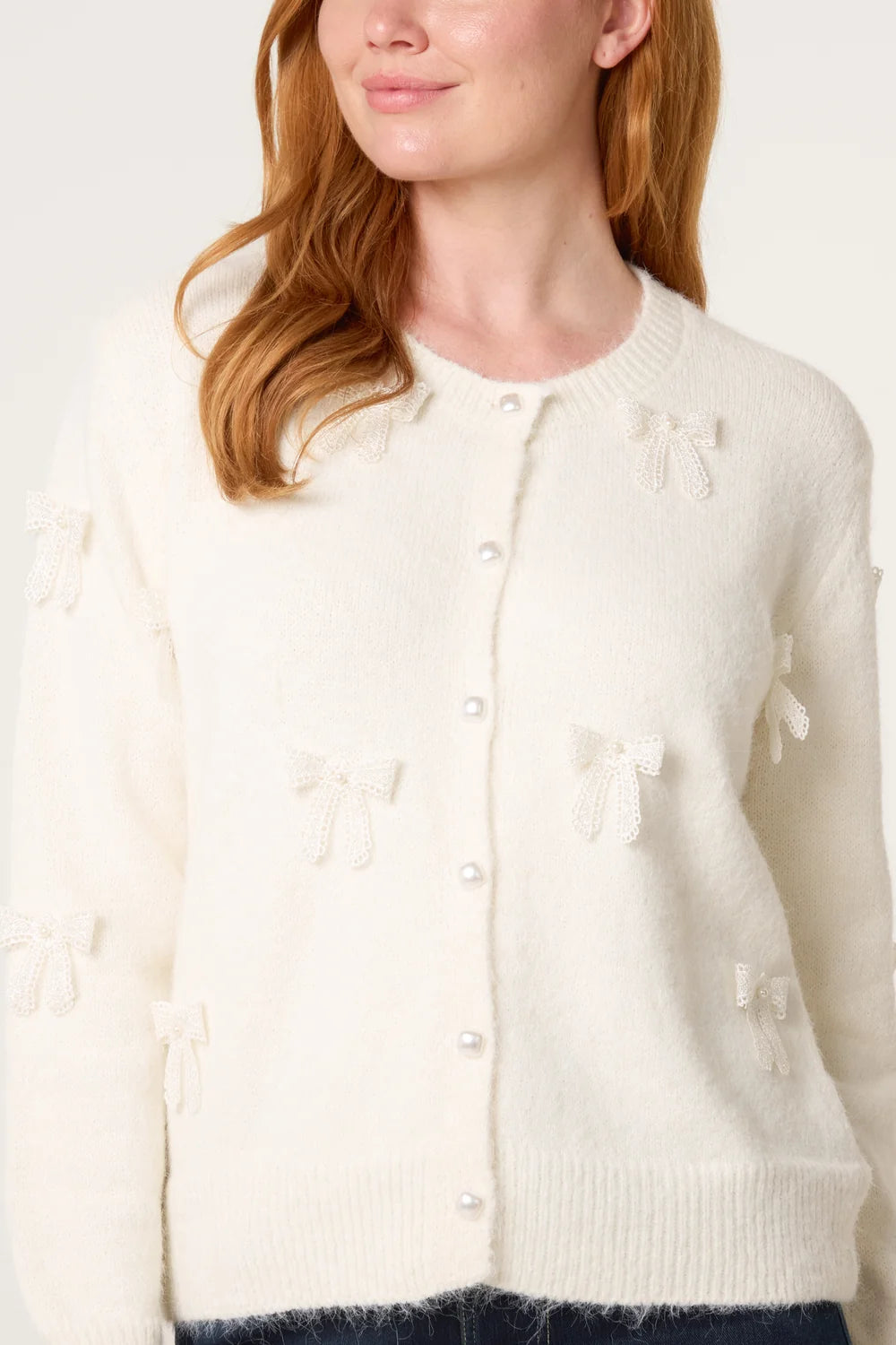 Bow Pearl Button Through Knit Cardigan Cream