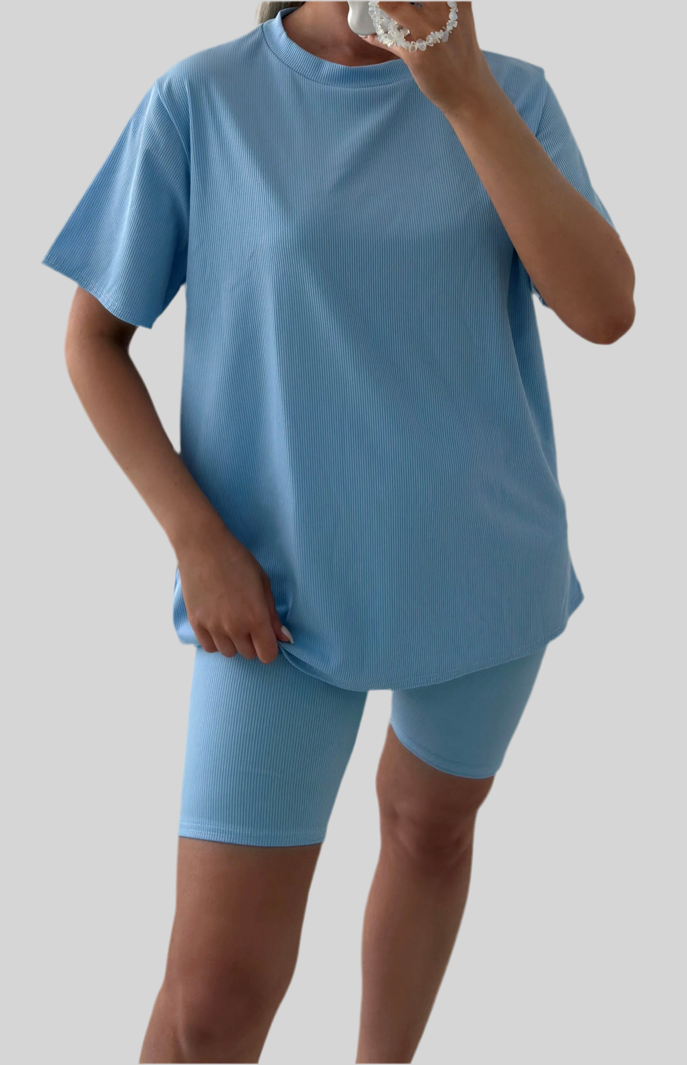 Oversized Ribbed T-Shirt and Cycling Shorts Co-Ord Set