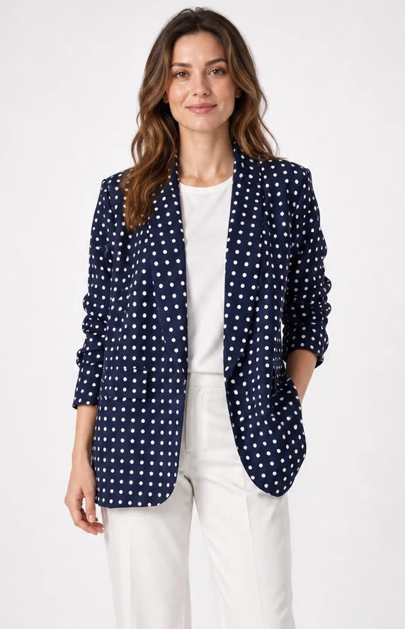 Polka Dot Ruched Sleeve Blazer Navy