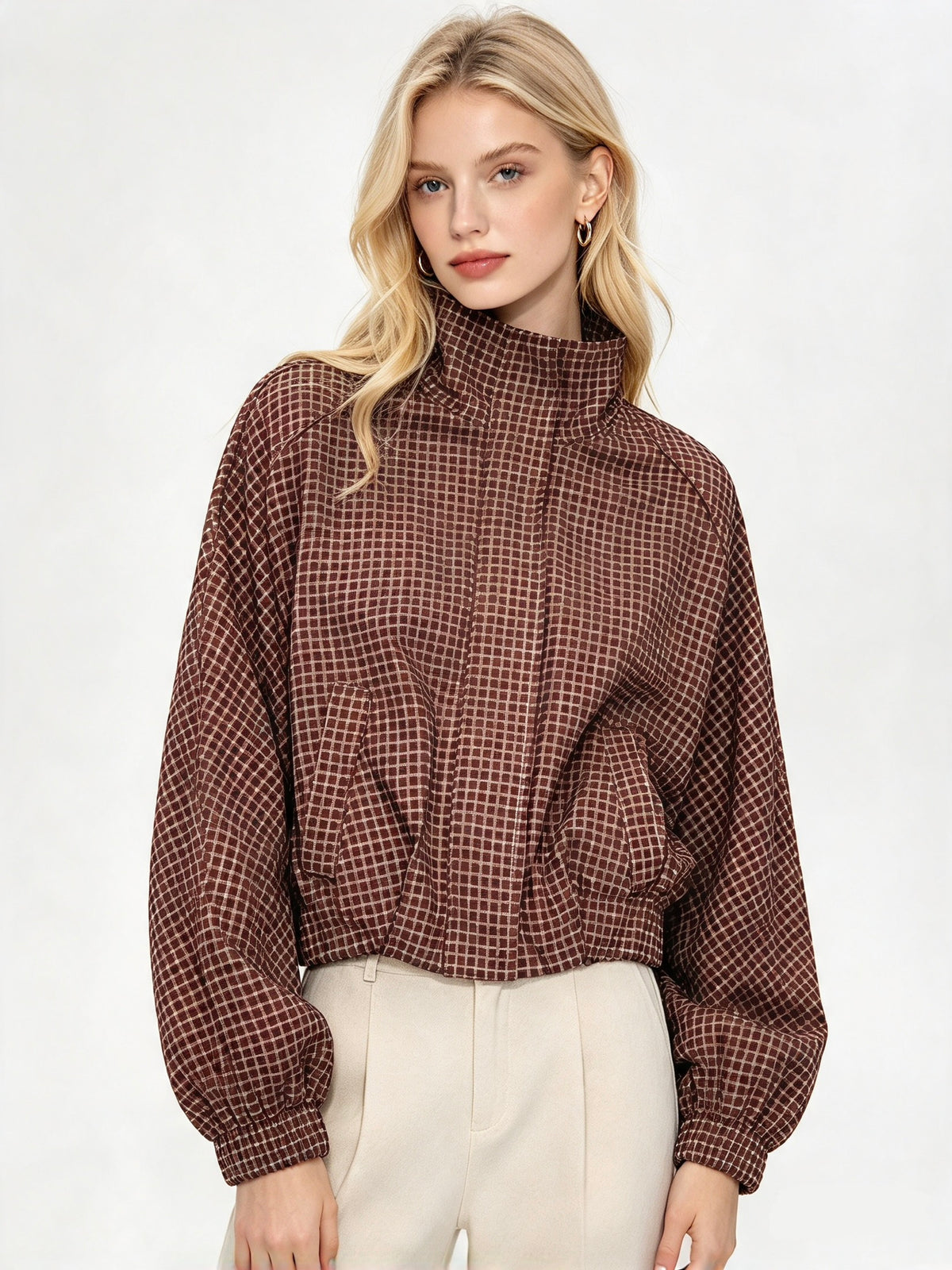 Cropped Gingham Bomber Jacket Brown