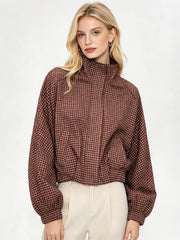 Cropped Gingham Bomber Jacket Brown