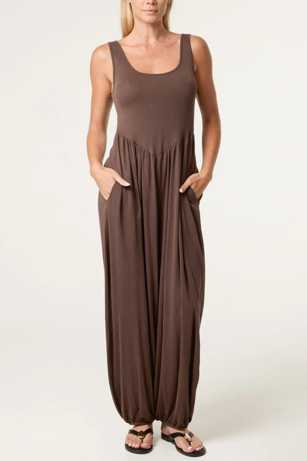 Fine Rib Stretch Harem Jumpsuit Brown