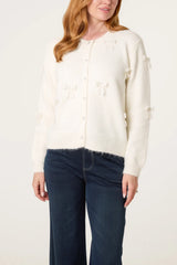 Bow Pearl Button Through Knit Cardigan Cream