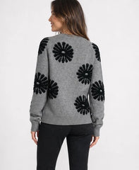 Floral Embellished Crew Neck Knit Grey