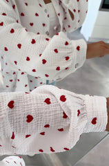 Hearts Print Oversized Cotton Shirt in White With Red Hearts
