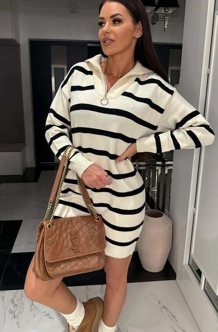 Zip Collar Stripe Knit Dress