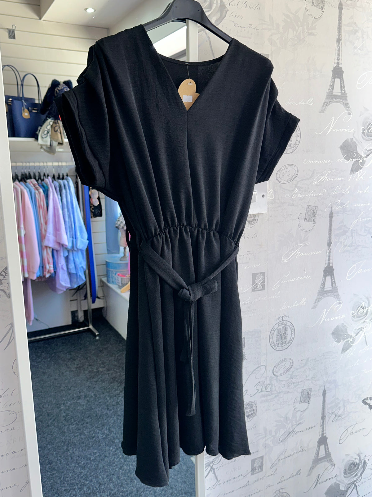 V-Neck Belted Dress Black