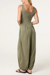 Fine Rib Stretch Harem Jumpsuit Khaki