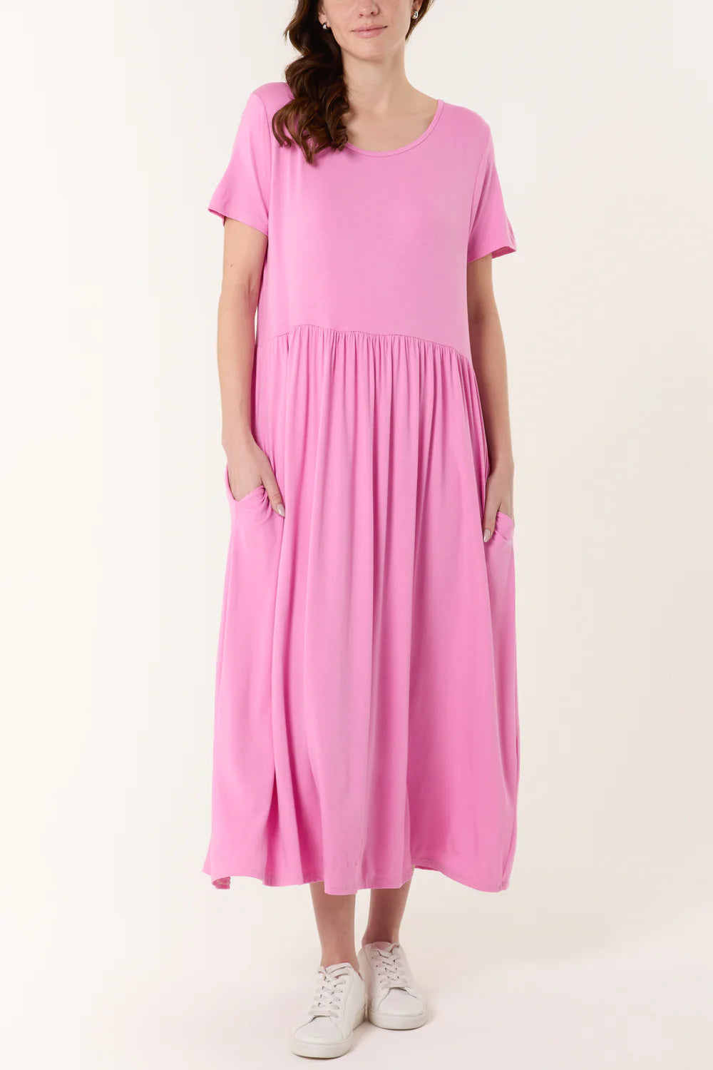 Round Neck Stretch Midi Dress Bubblegum Pink