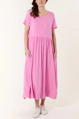Round Neck Stretch Midi Dress Bubblegum Pink